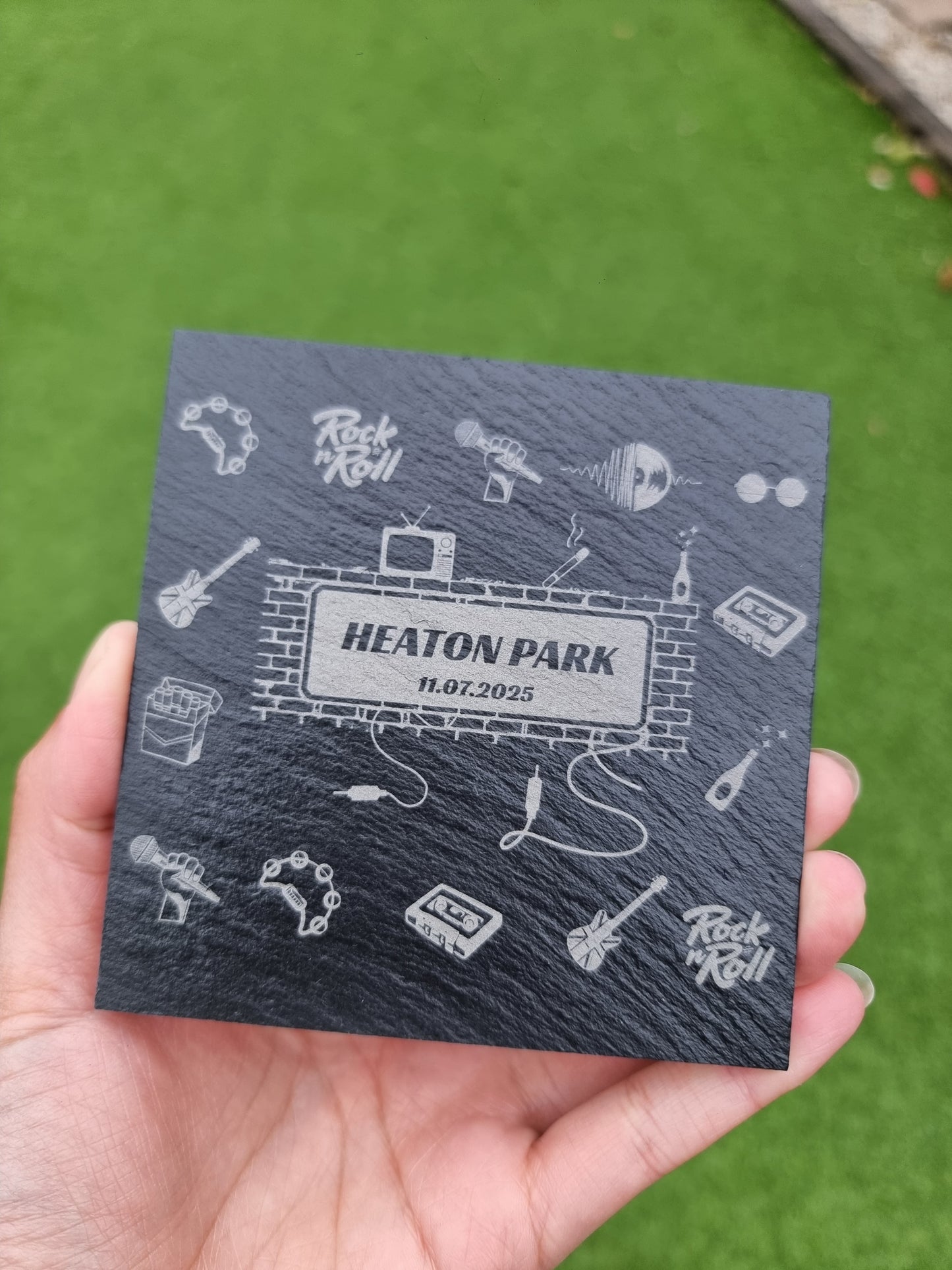 Personalised Oasis-Themed Bamboo Coaster – Laser Engraved Concert Keepsake Gift for Britpop Fans