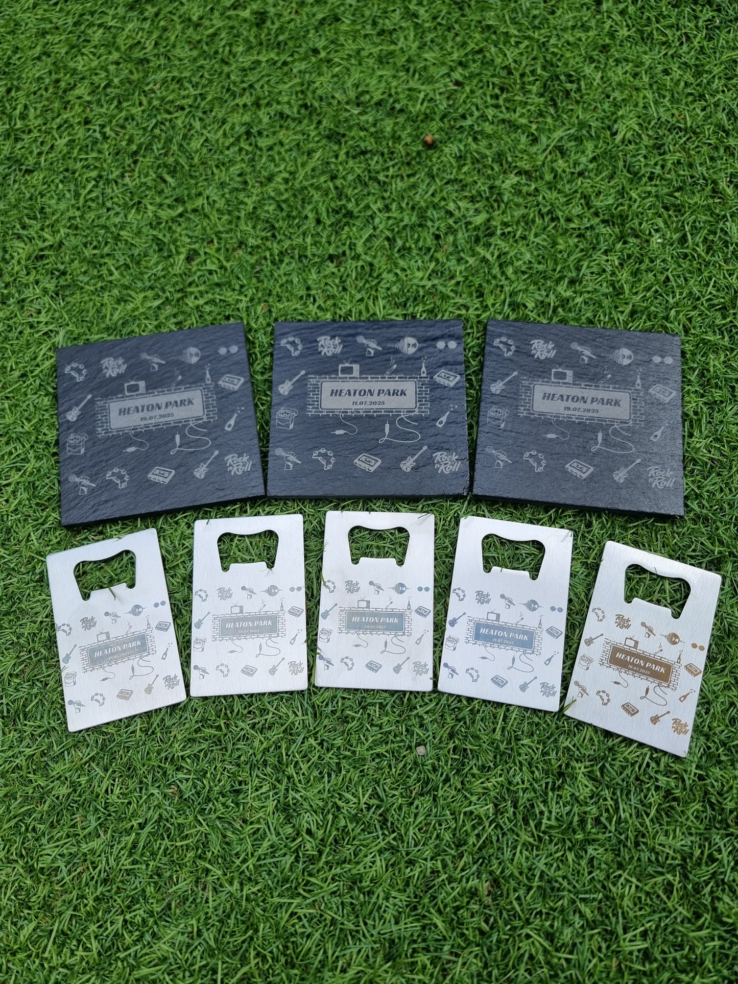 Personalised Oasis - Themed Slate Coaster – Laser Engraved Heaton Park Concert Keepsake with Union Jack Guitar & Champagne Design, Gift For Britpop Fans