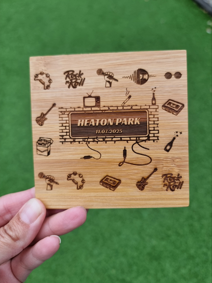 Personalised Oasis-Themed Bamboo Coaster – Laser Engraved Concert Keepsake Gift for Britpop Fans