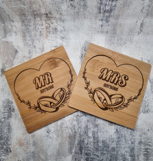   Personalised bamboo wedding anniversary coasters engraved with Mr & Mrs